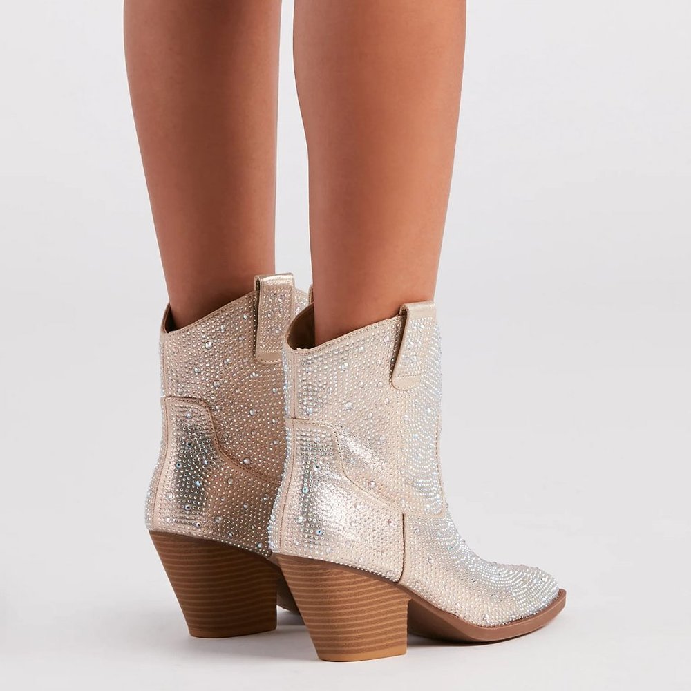 NEW🔥 Champagne Rhinestone Cowboy Cowgirl Western Booties Ankle Boots Block Heel - Picture 6 of 6